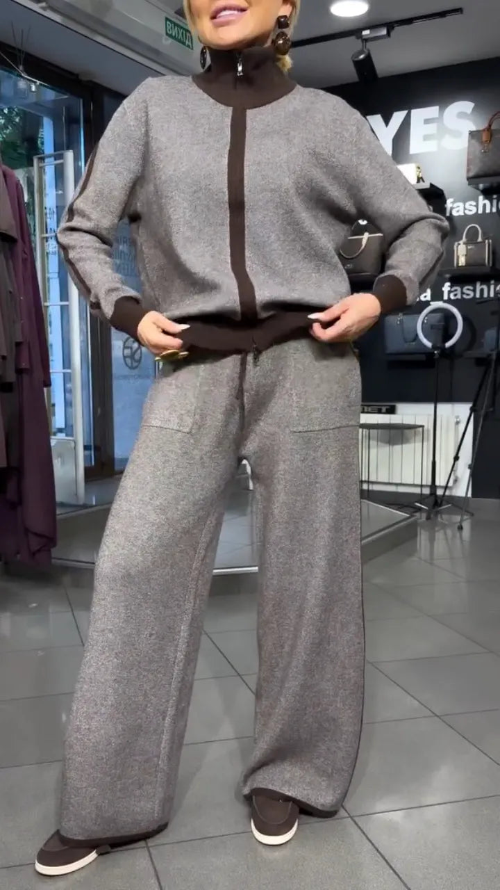 Grey Knit Two Piece Tracksuit Set