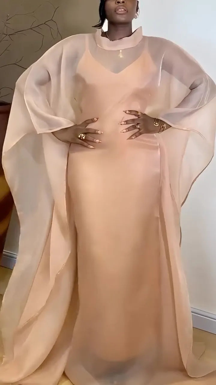 Chiffon Cape Sleeve Satin Maxi Evening Gown