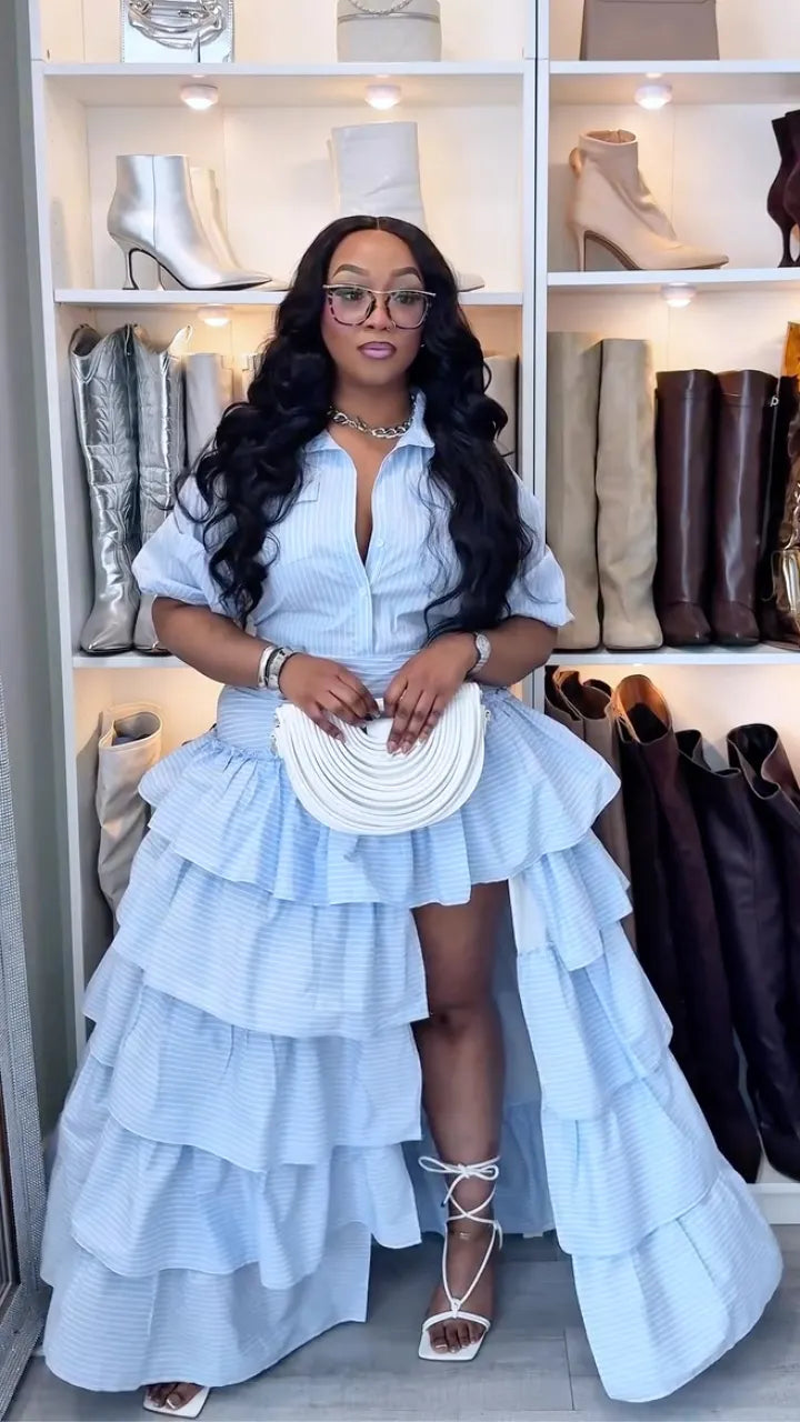 Stripe Tiered Ruffle Shirt Maxi Dress