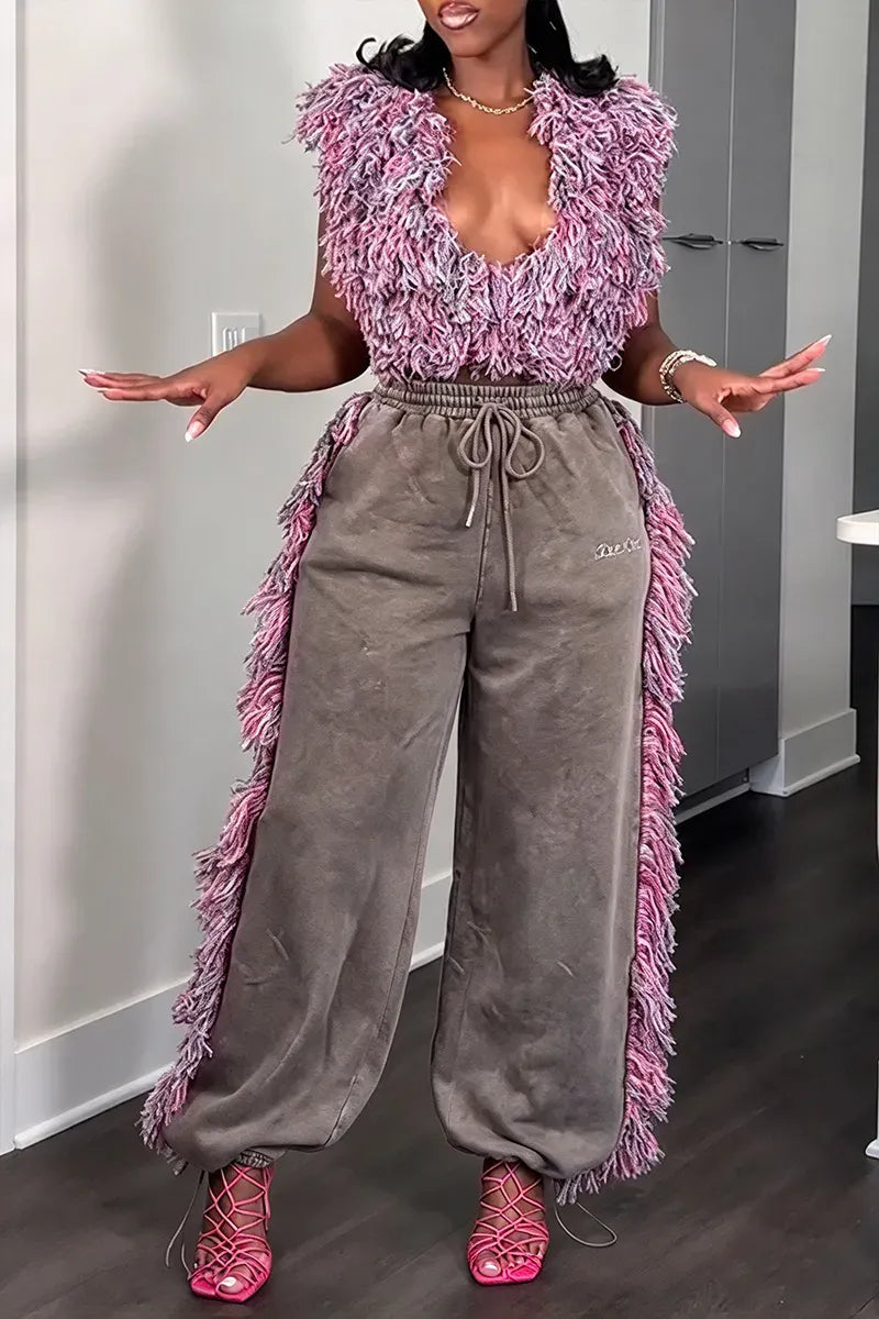 Pink Shaggy-Fringe Top & Washed Gray Wide-Leg Pants Set