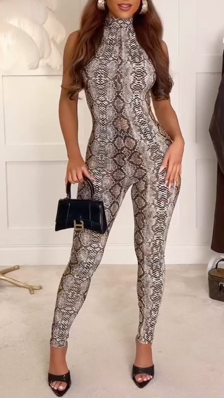 Snake-Print Mock-Neck Sleeveless Fitted Jumpsuit