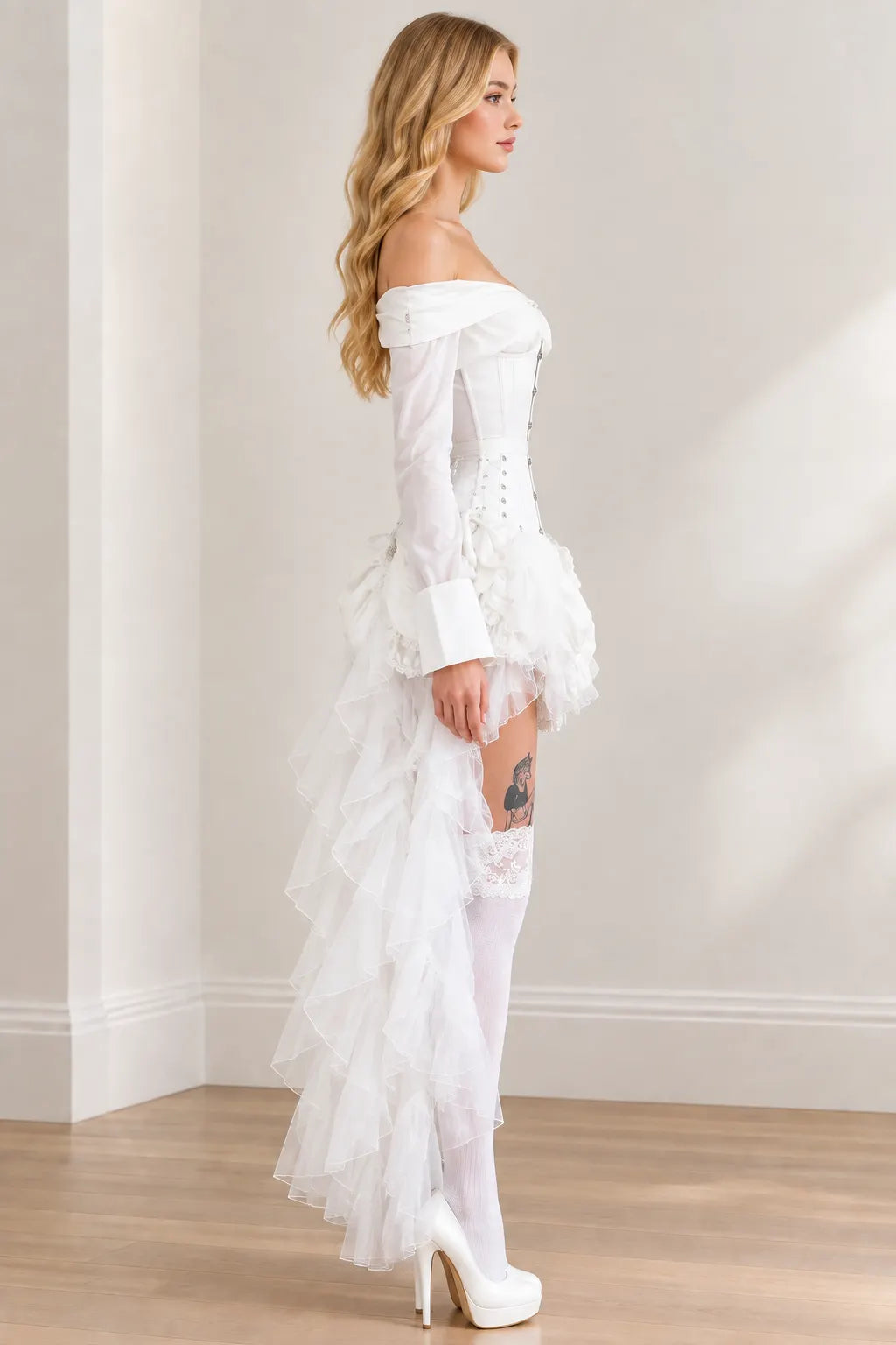 Women's Off-Shoulder Boned Corset High-Low Ruffle Dress