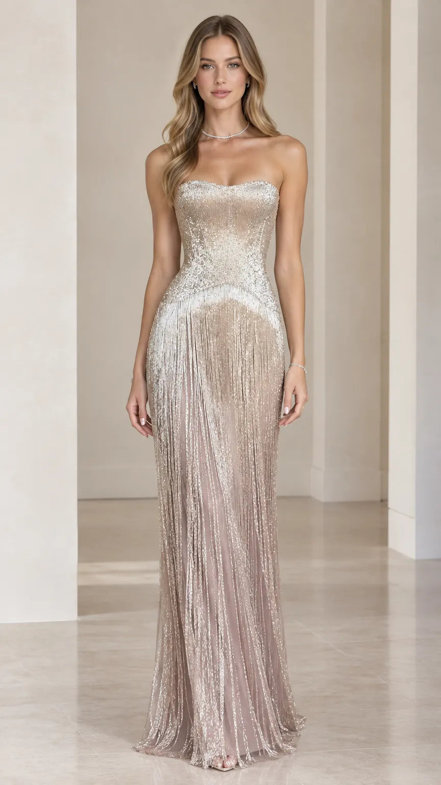 Strapless Beaded Fringe Sequin Maxi Evening Gown