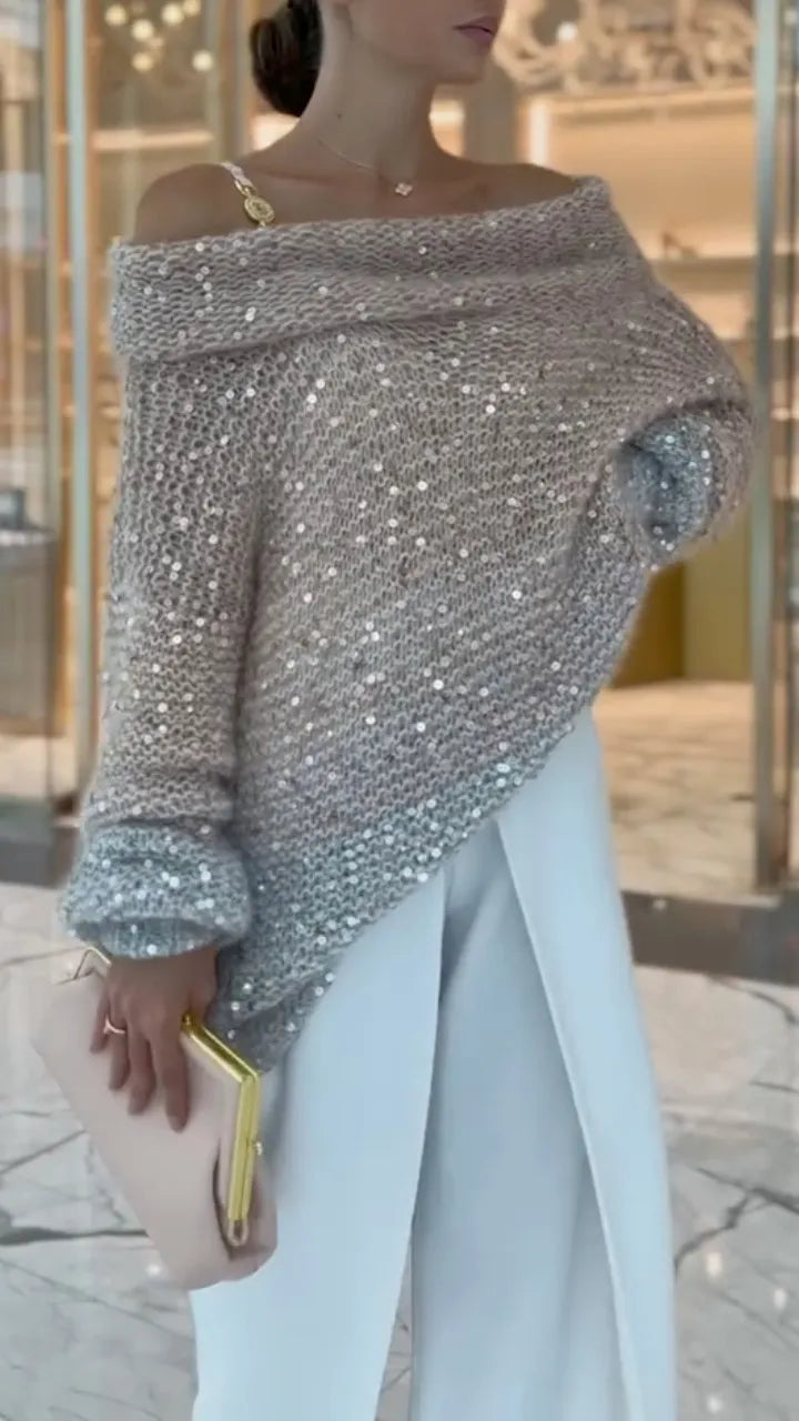 Sequin Off Shoulder Oversized Knit Sweater