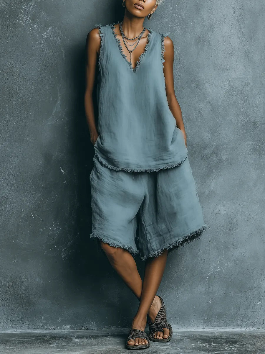 Women’s Dusty Blue Linen Frayed Raw Edge V-Neck Sleeveless Tank Top & Loose Wide Leg Bermuda Shorts Two-Piece Set MDZ1689F1T