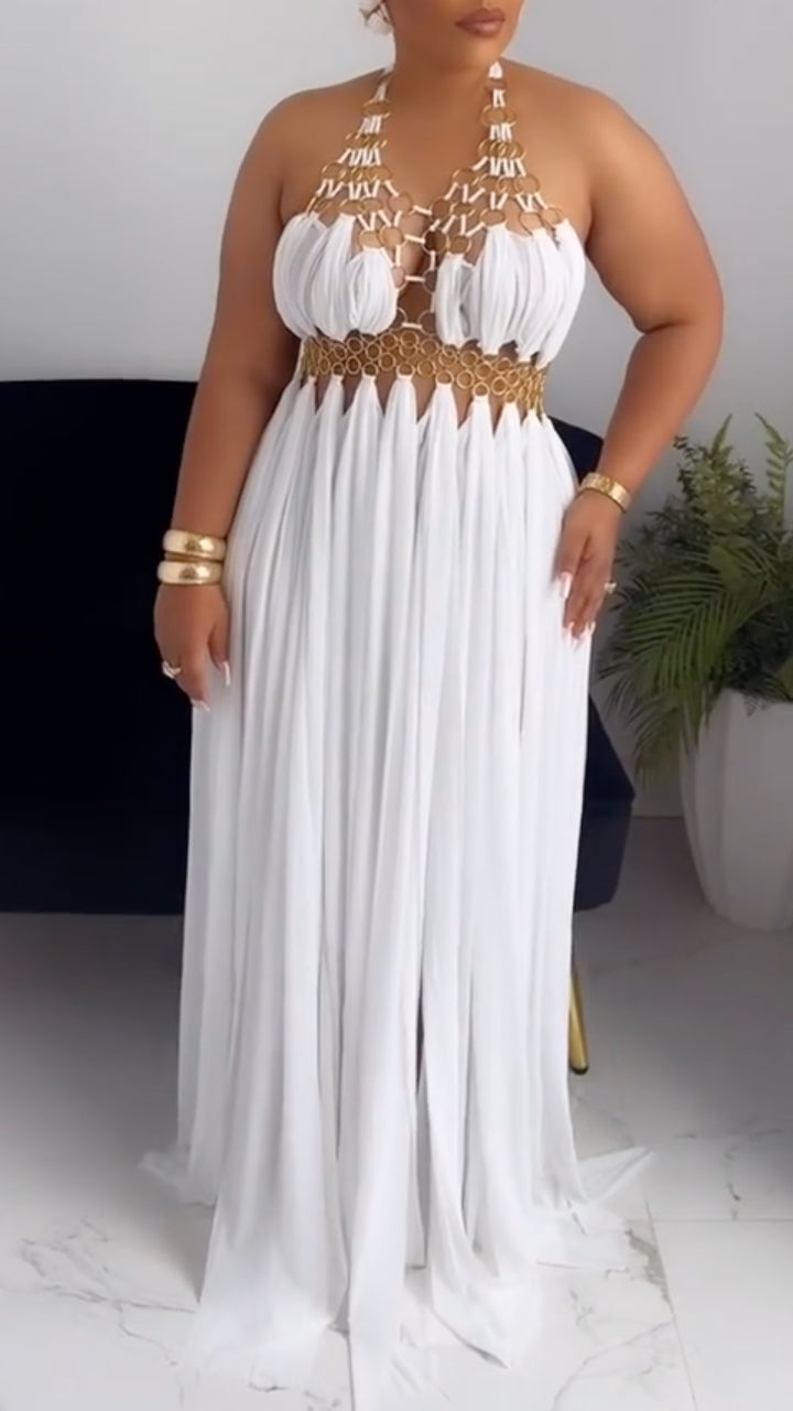 White Gold Ring Halter Maxi Dress