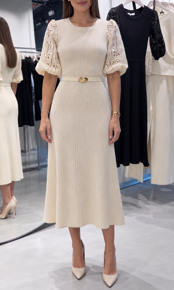 Ribbed Knit Eyelet Puff Sleeve Midi Dress