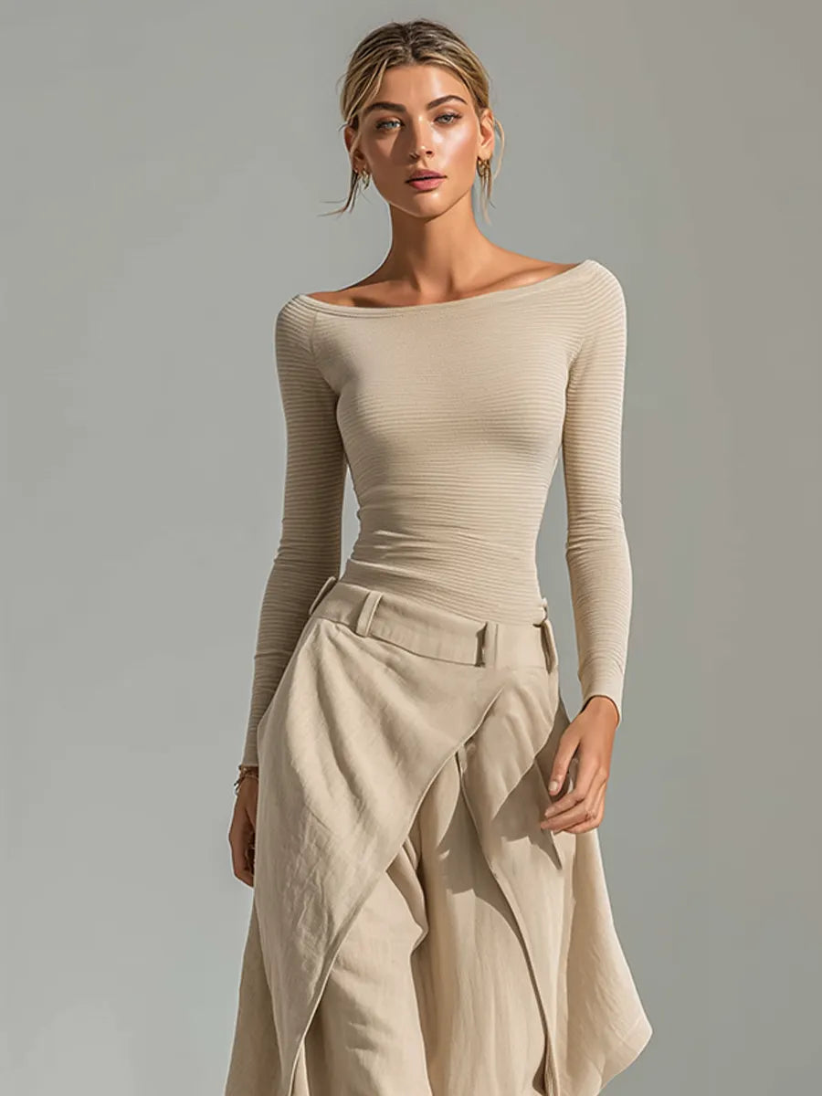Women's Beige Ribbed Knit & Linen Two-Piece Set WithBoat Neck Top & Wrap Overlay Wide Leg Pants, Minimalist Neutral Resort Outfit MDZ2322F9LYL