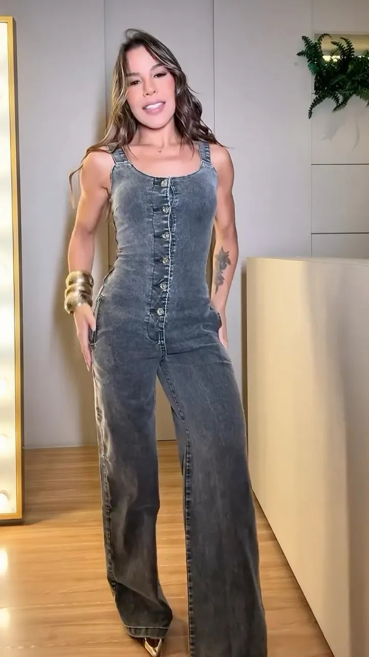Sleeveless Button-Front Wide-Leg Denim Jumpsuit