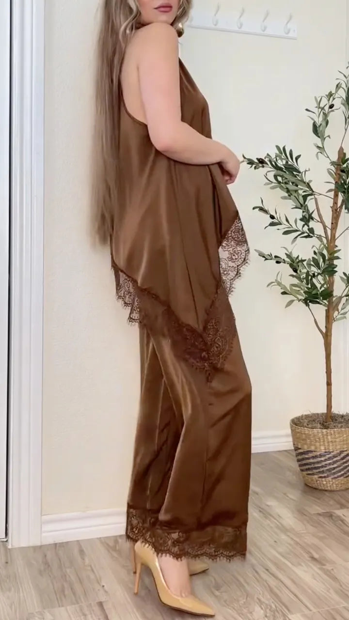 Women's Halter Neck Lace Satin Patchwork Casual Suit