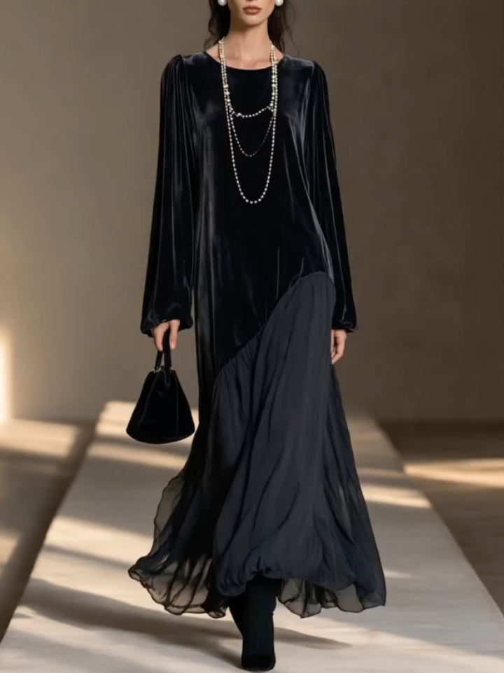 Black Velvet Chiffon Patchwork Long Sleeve Maxi Dress