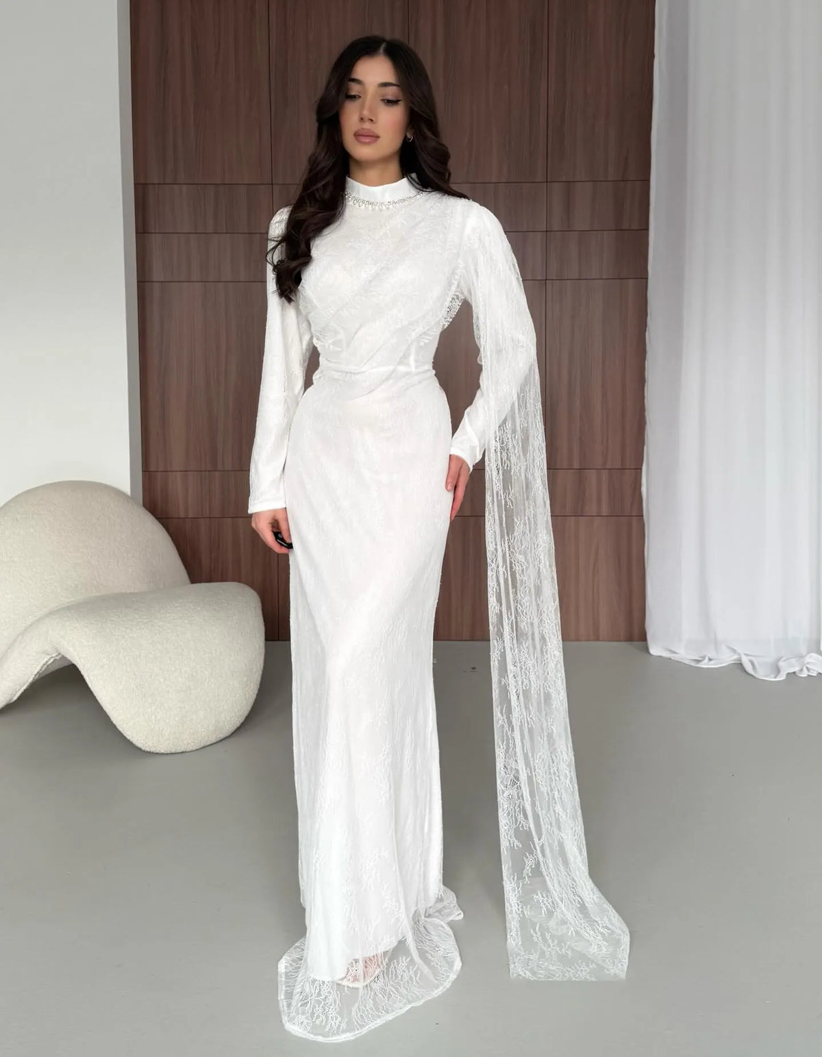 Cocoslly Long Sleeves High Waist Long Mermaid Prom Dress With Pearls And Lace | White Satin CO0051