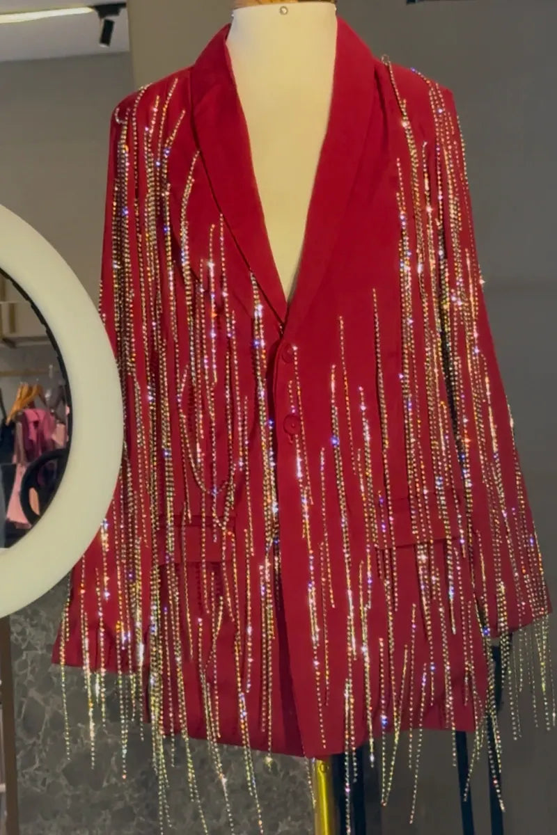 Red Blazer Jacket With Sparkling Rhinestone Fringe