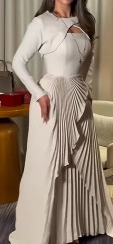 Cocoslly Long Sleeves High Waist Long Prom Dress With Pleated | White Satin CO0206