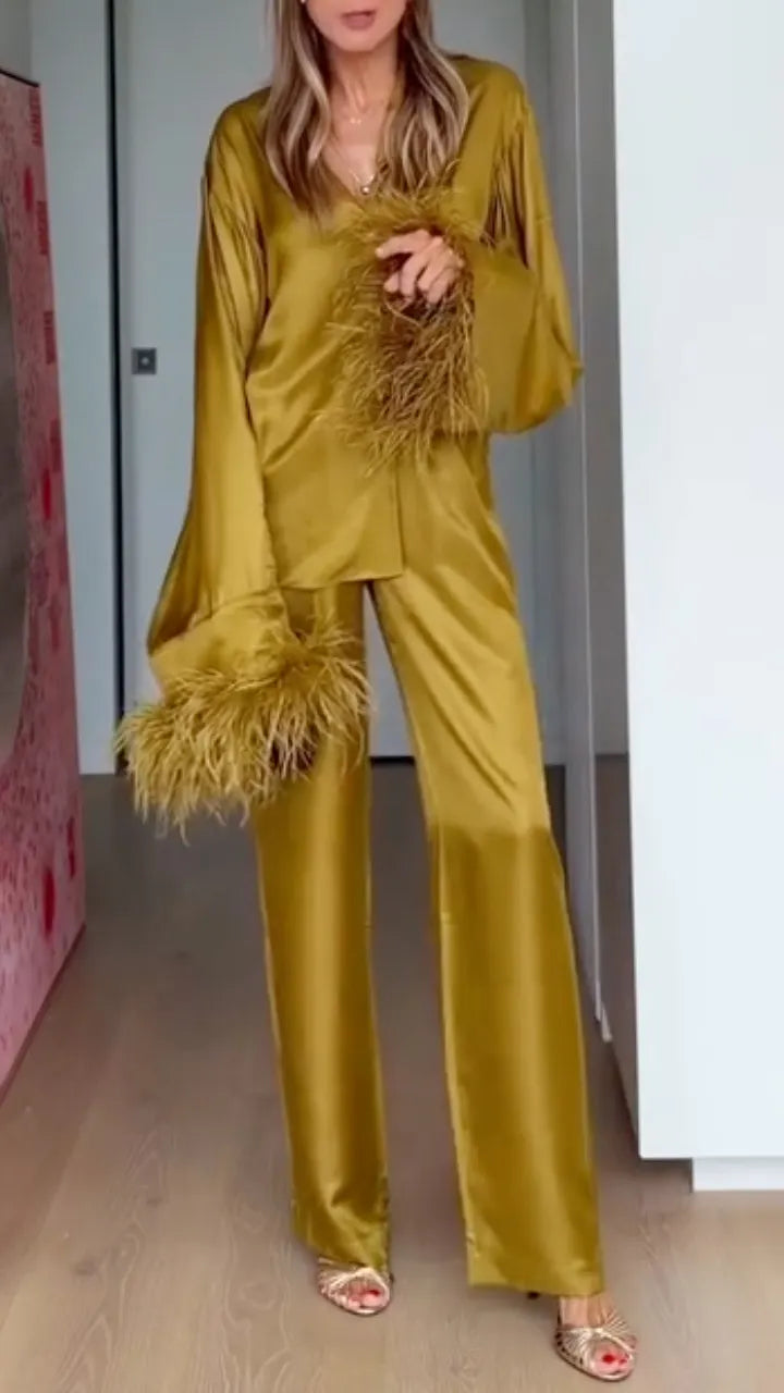 Gold Satin Feather Trim Two‑Piece Pant Set