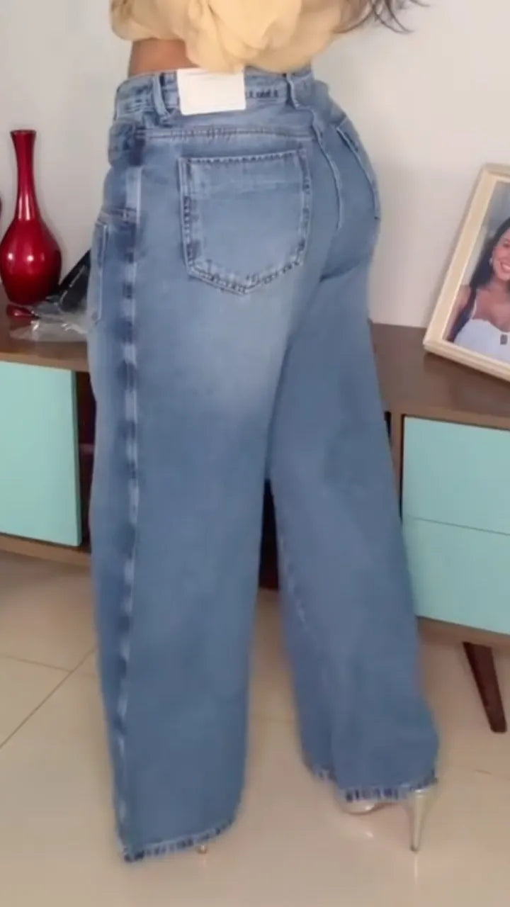 Stitched Panel Wide Leg Jeans
