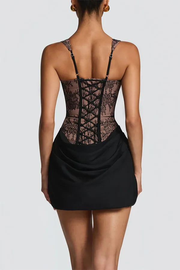 Cornelia Floral Lace Contrast Structural Detail Back Lace-up Satin Hem Mini Dress