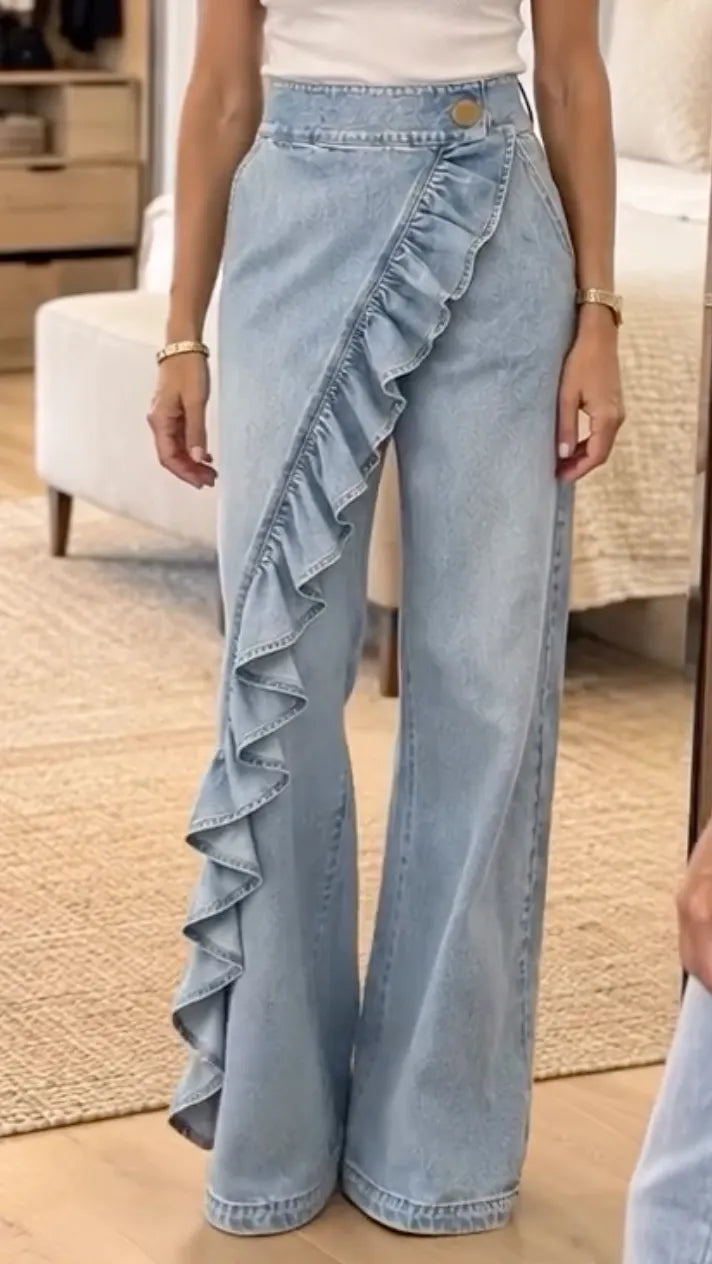 Light Wash Ruffle Wrap Wide Leg Jeans