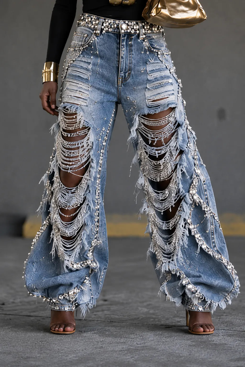 Ripped Fringe Rhinestone Wide Leg Jeans