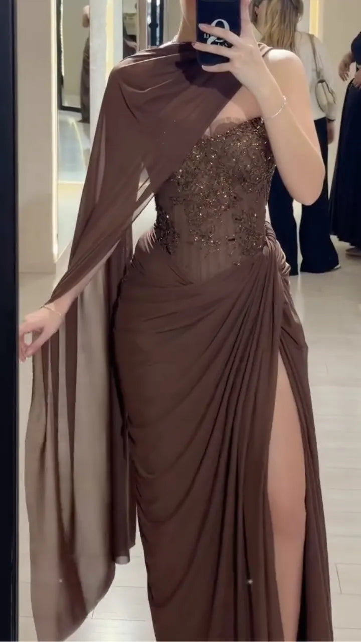 Draped Cape Sleeve Evening Gown