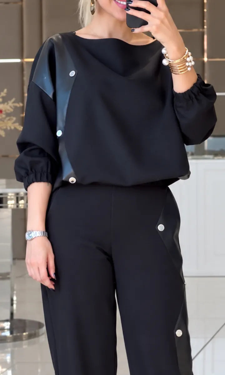 Faux Leather Panel Top&Jogger Pants Two Piece Set