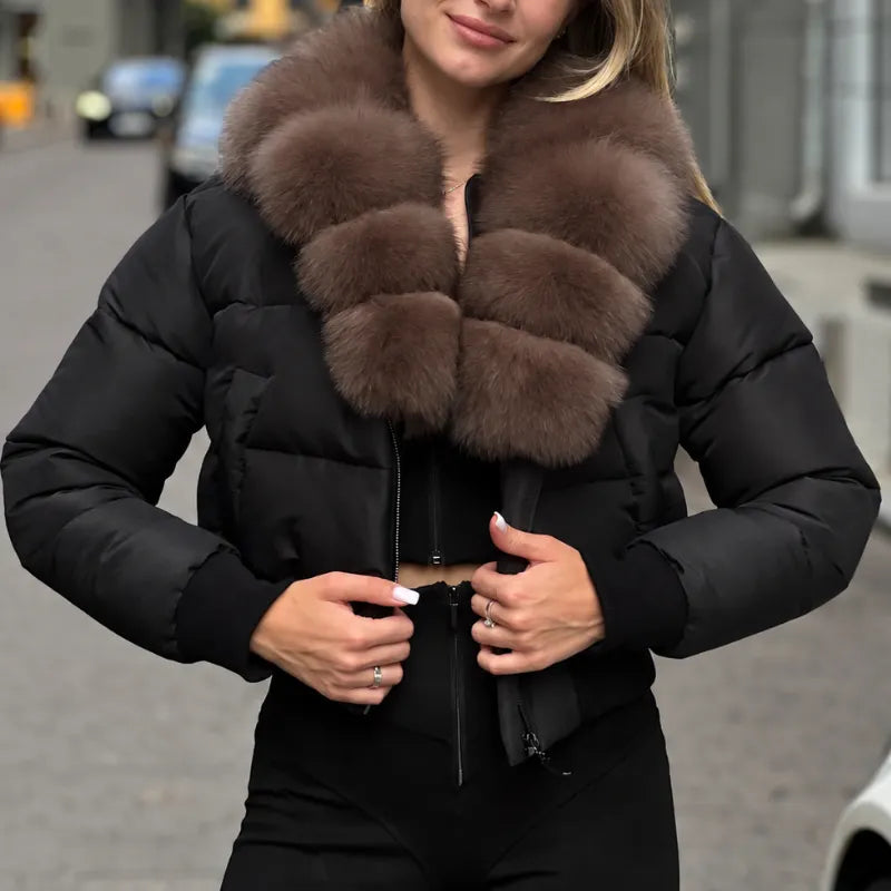 Cropped Puffer Jacket With Brown Fur Collar