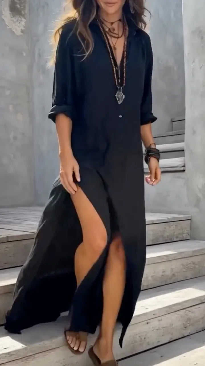 Black Linen Shirt Maxi Dress