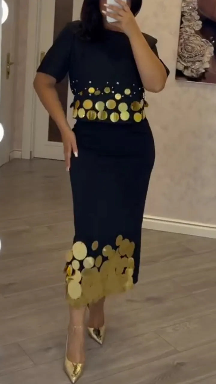 Black Gold Sequin Two‑Piece Skirt Set