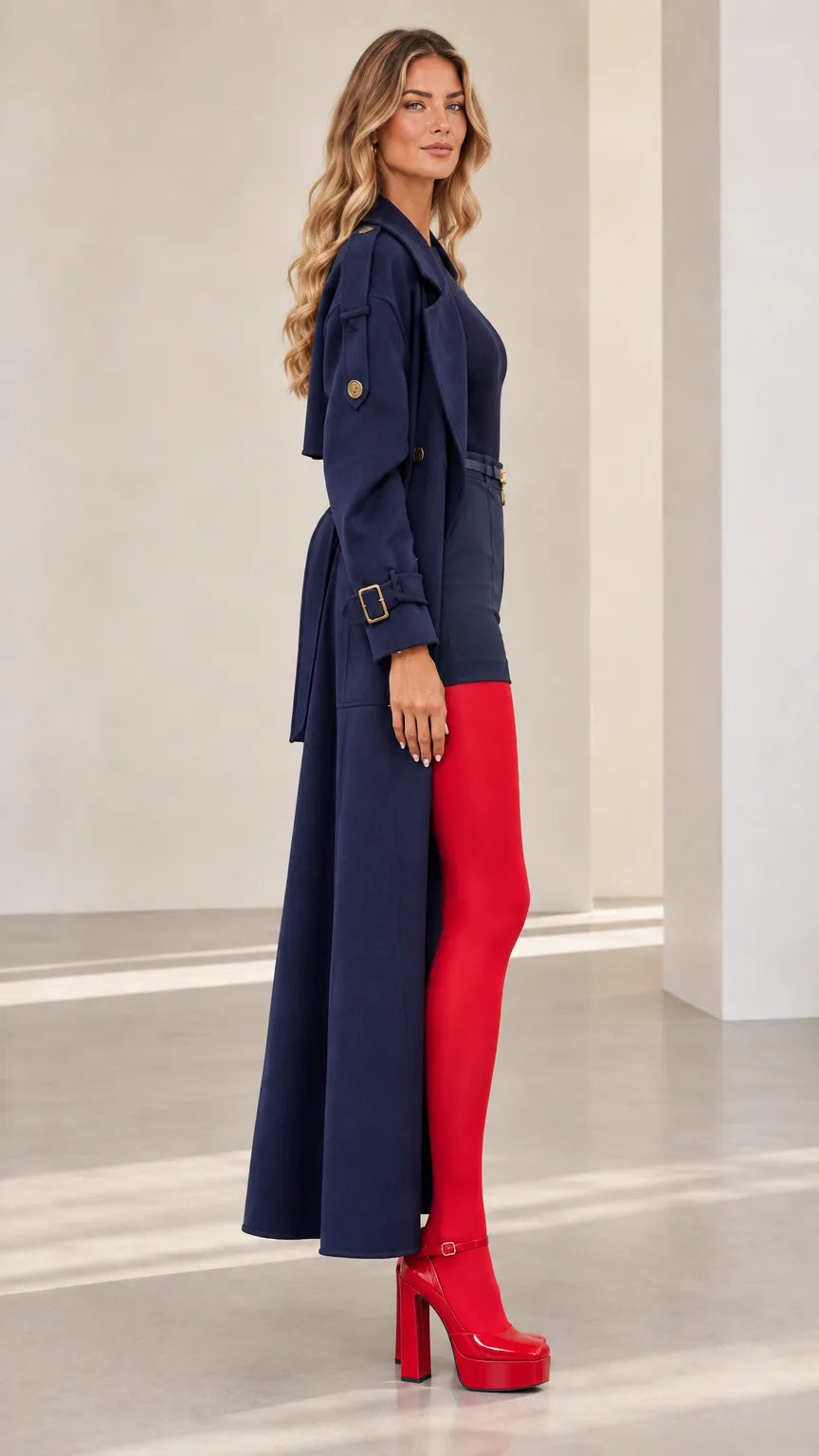 Women's 3-Piece Long Trench Coat, Crewneck Top and High-Waist Shorts Set