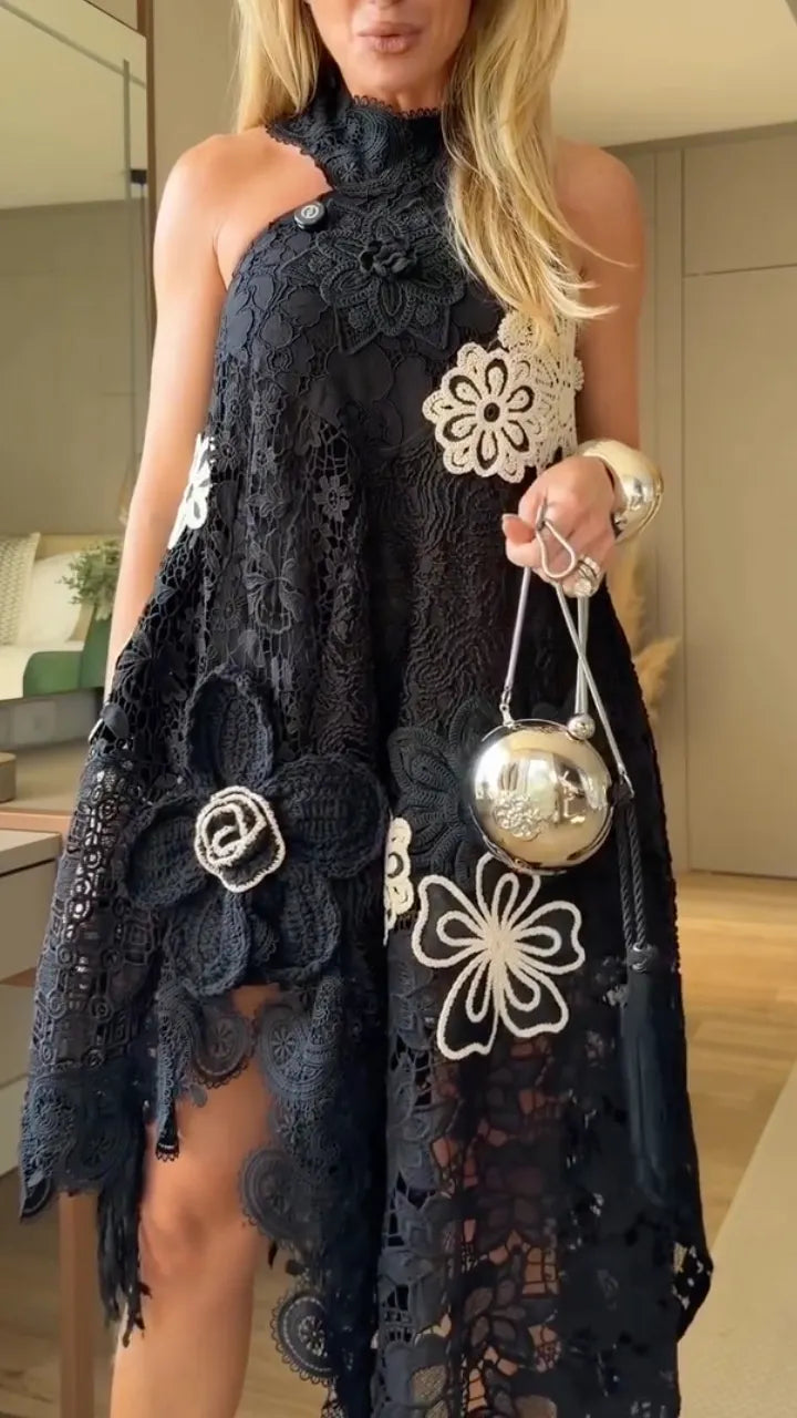 Black Crochet Floral Tassel Midi Dress