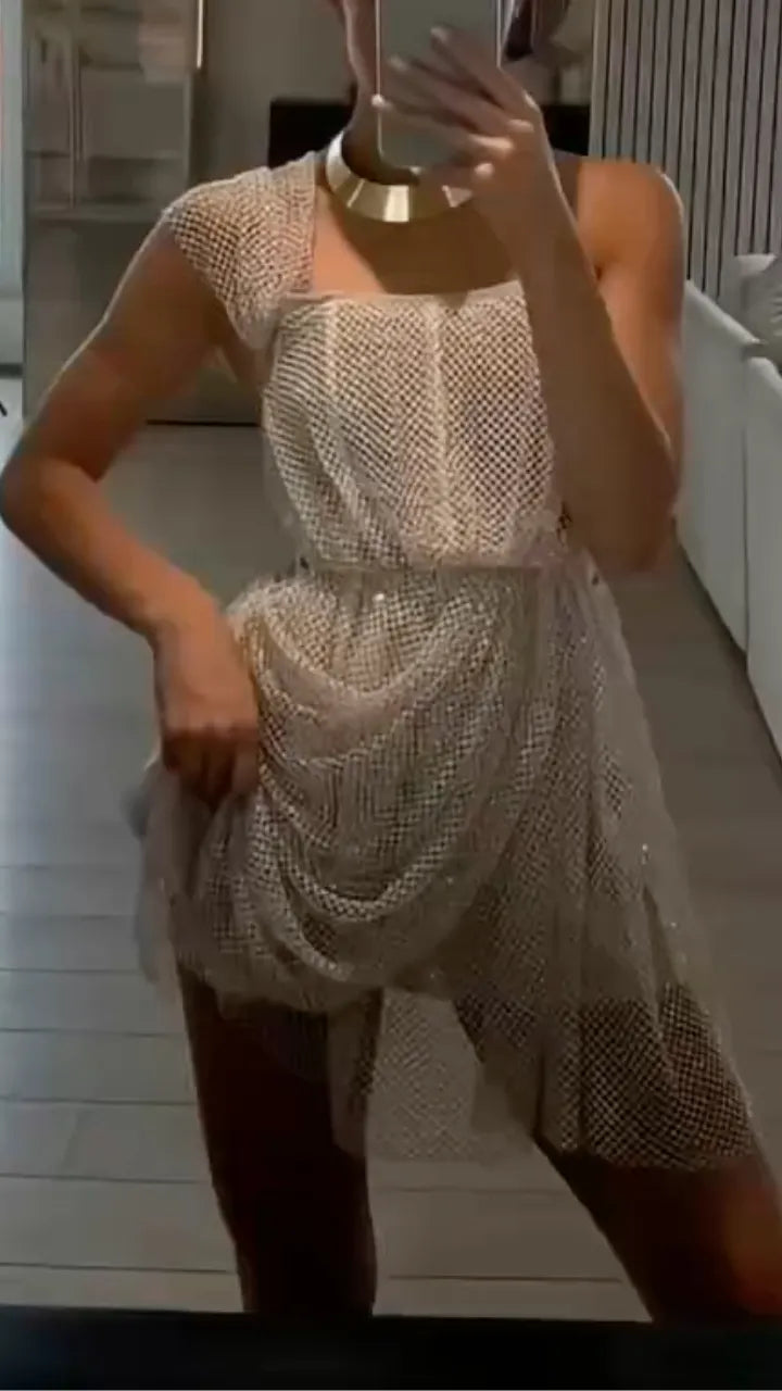 Beige Rhinestone Mesh Draped Mini Dress