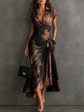 Brown Black Abstract Print Wrap Midi Dress Collared V Neck Short Sleeve Tie Waist Ruffled High‐Low Hem Dress