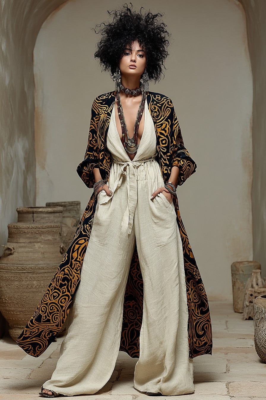 Women's Casual Cotton and Linen Jumpsuit and Linen Cardigan Two-Piece Set