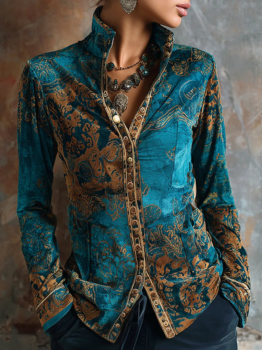 Boho Chic Vintage Peacock Blue Velvet Golden Print Fit Blouse