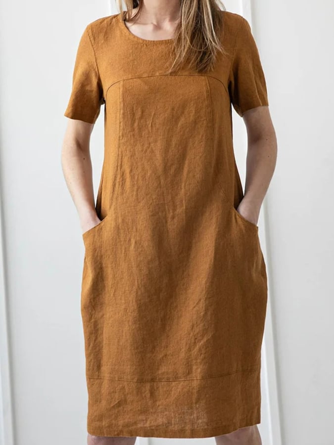 Women's Casual Solid Color Loose Cotton Round Neck Short Sleeve Dress
