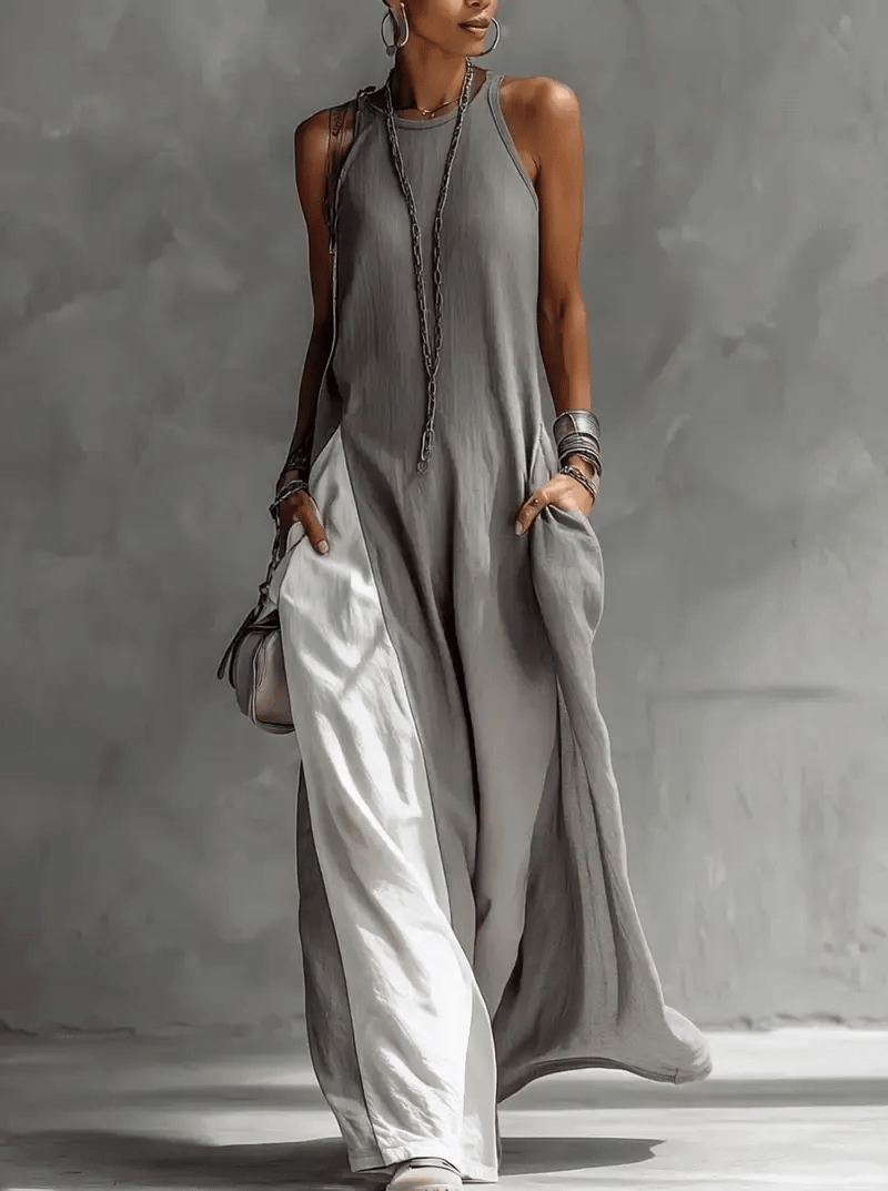 Gray and White Color-block Sleeveless Halter-neck Wide-leg Maxi Dress