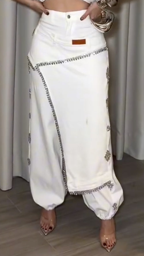 Ivory Rhinestone-Trim Overlay Harem Pants