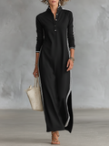 Women's Minimalist White-trimmed Button-down Collar Sweatshirt Maxi Dress