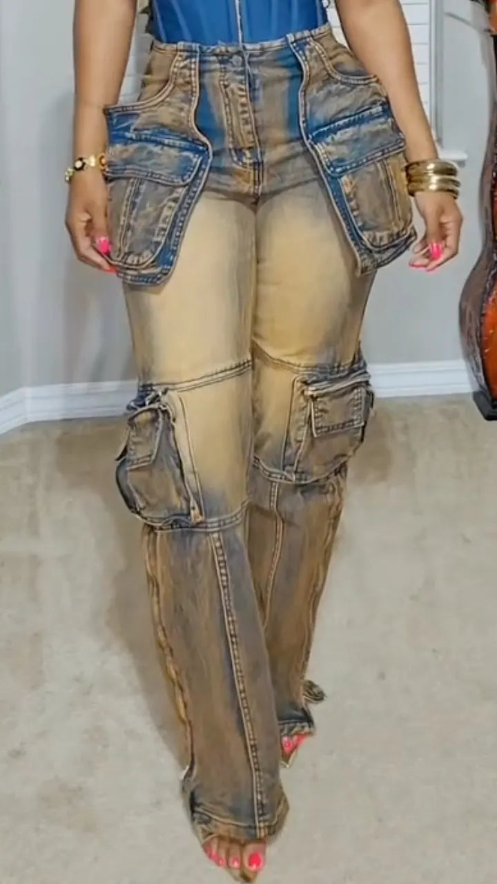 Vintage Wash Multi-Pocket Denim Cargo Pants