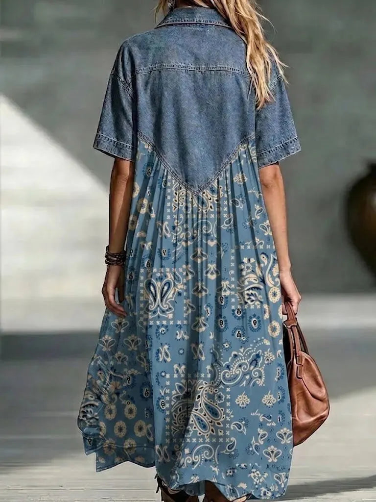 Casual Paisley-print Paneled Denim Dress