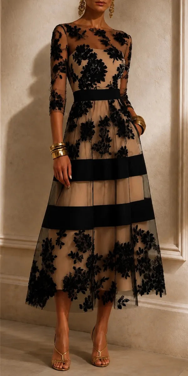 Black Floral Lace Midi Cocktail Dress
