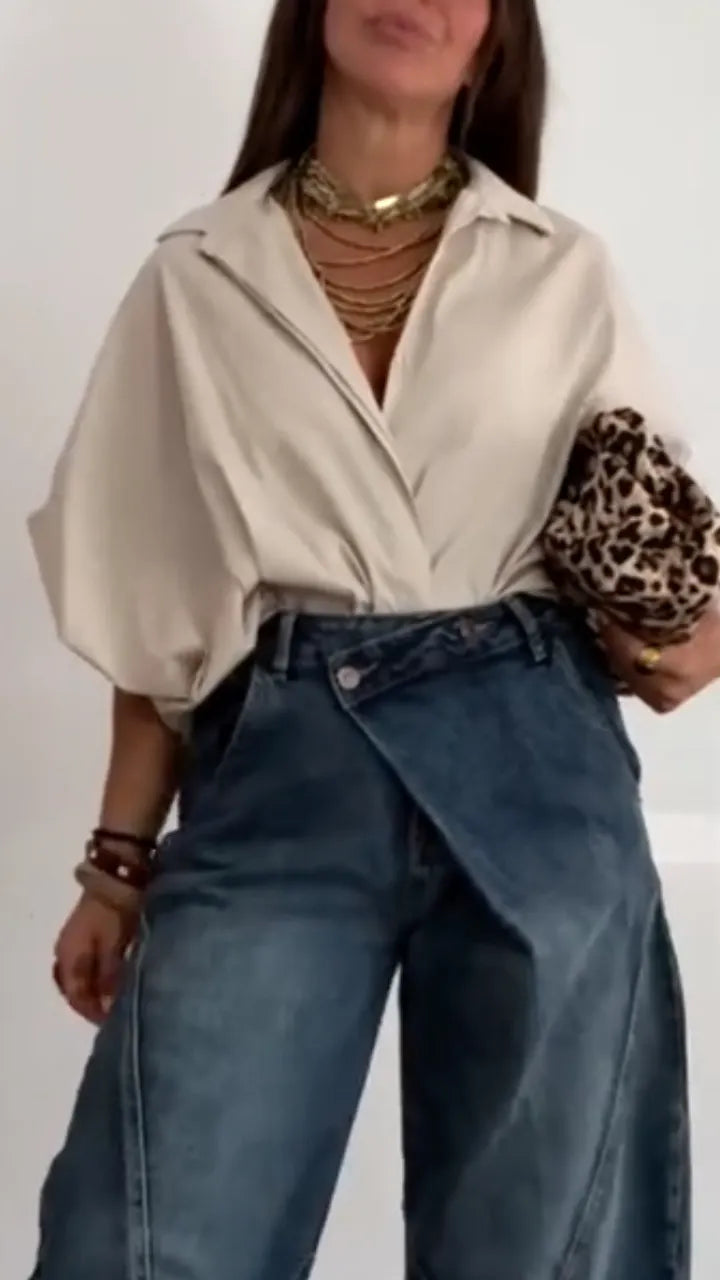 Asymmetrical Wrap Waist Baggy Wide‑Leg J+ Top Seteans