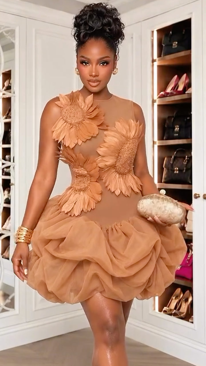 Caramel Floral-Applique Bubble-Hem Mini Dress