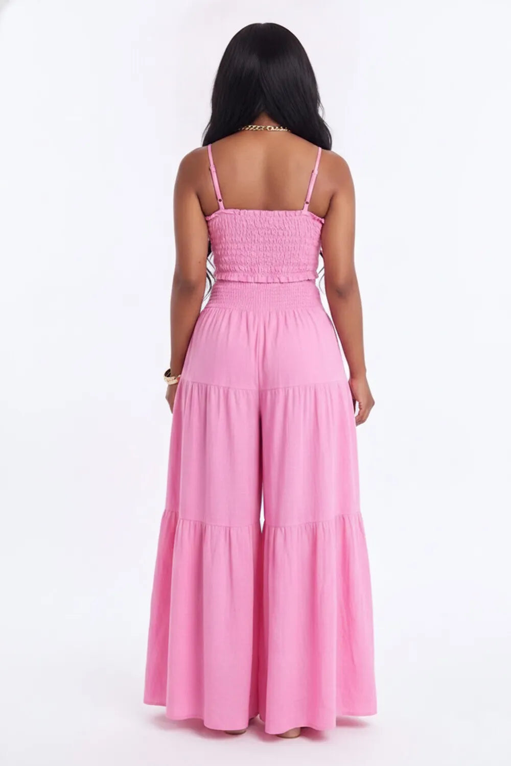 Plain Smocking Crop Cami High Waist Wide Leg Pants Casual 2pcs Set-White