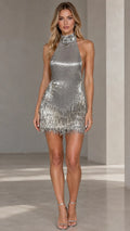 Halter Neck Backless Sequin Fringe Mini Dress