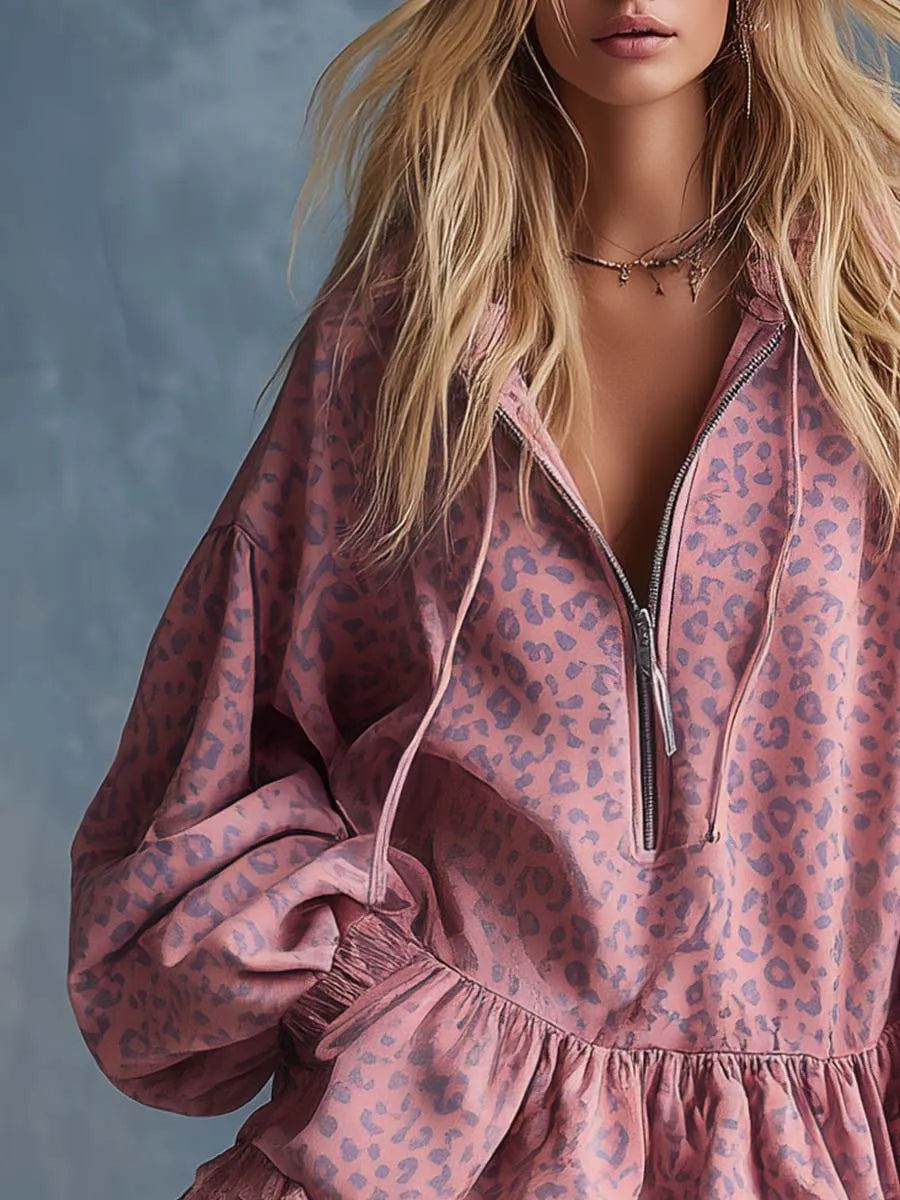 Elegant Western Hooded Front Zipper Ruffled Hem Pink Leopard Print Fuax Suede Mini Dress