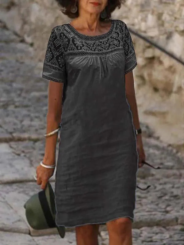 Women Round neck short sleeve embroidered hollow cotton and linen dress