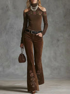 High-neckoff-shoulder Rose-embroidered All-cotton Long-sleeved T-shirt