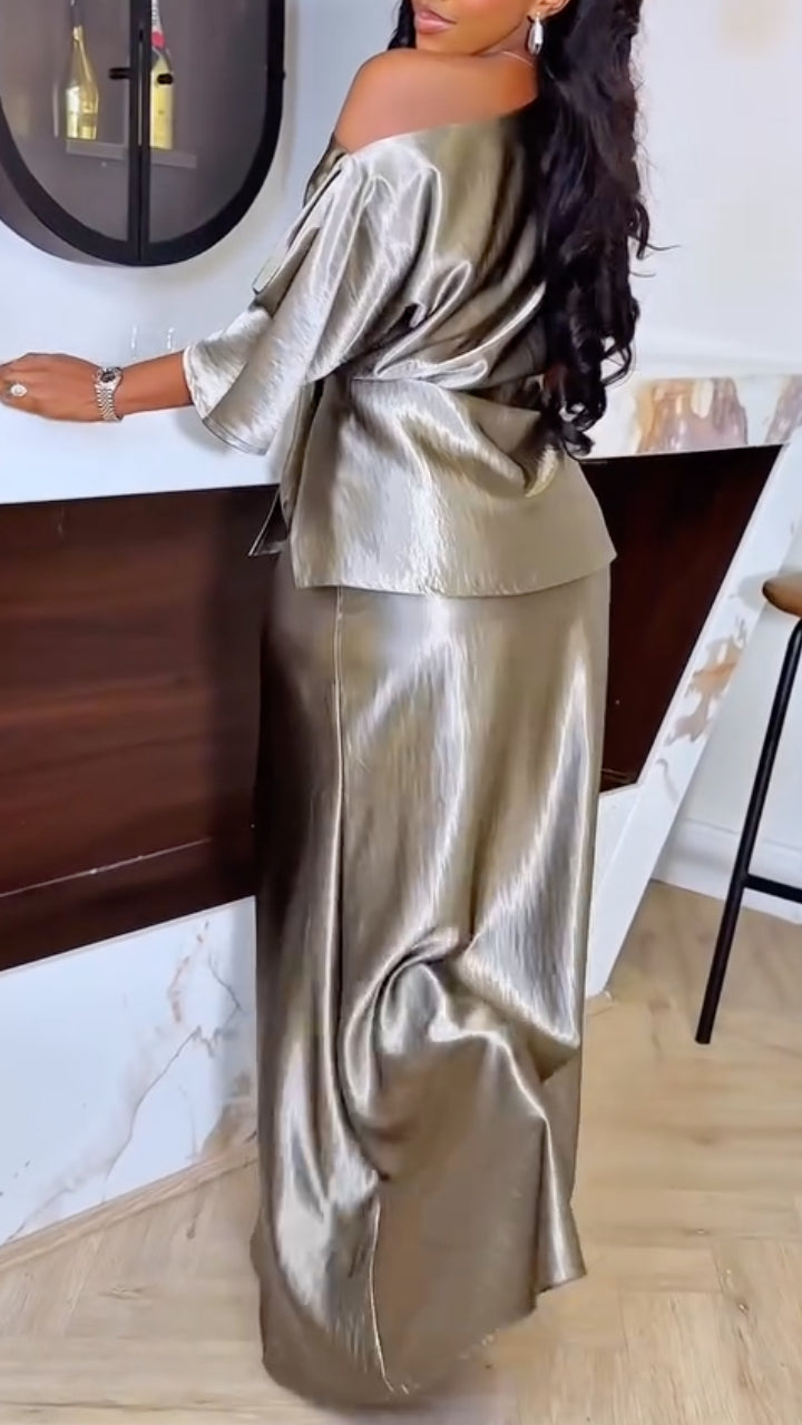 Metallic Draped Top & Maxi Skirt Set
