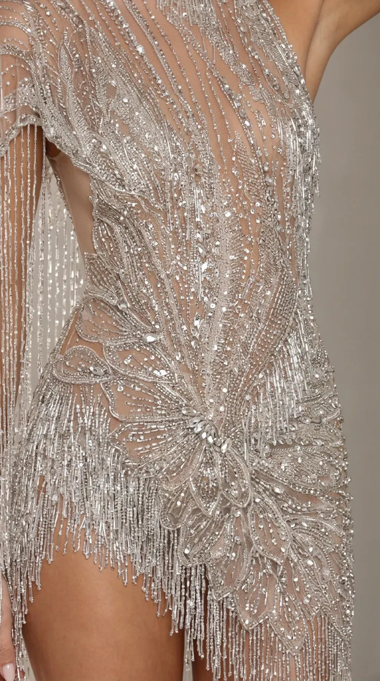 High Neck Sequin Fringe Asymmetric Sleeve Cocktail Mini Dress